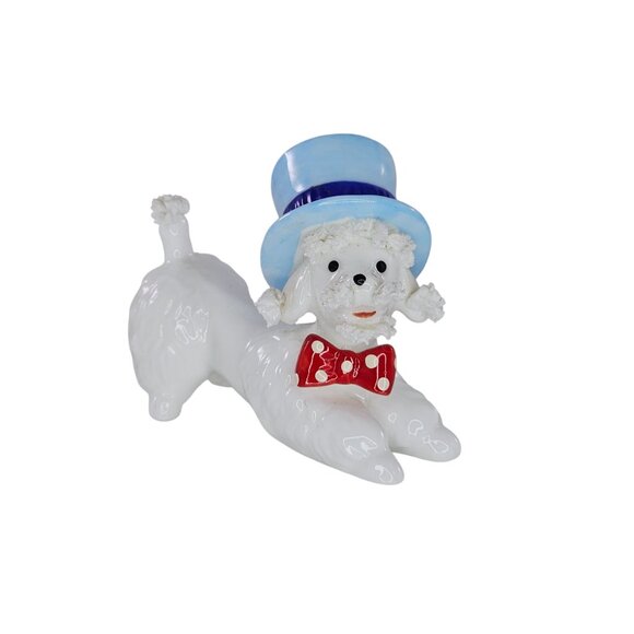Vintage Spaghetti Poodle Dog Blue Hat Figurine White Red Bow Tie Bone China - Picture 1 of 8